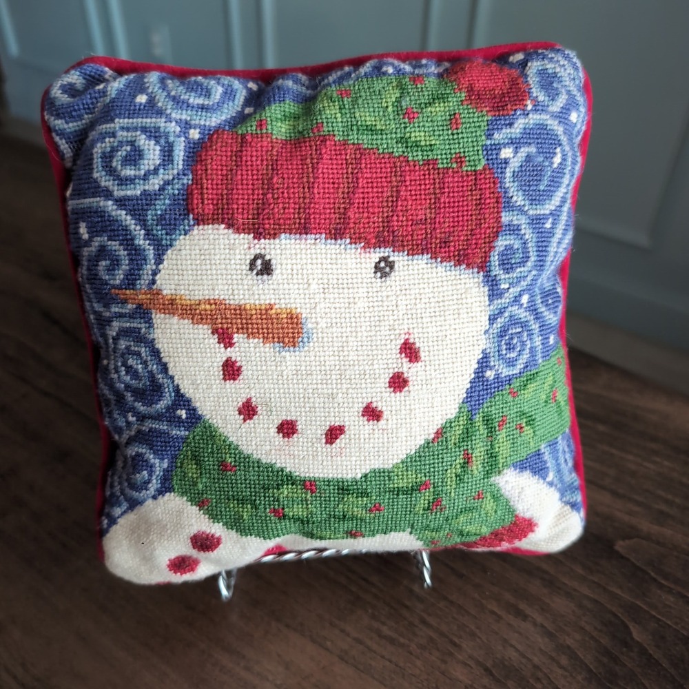 Vintage Needlepoint Snowman Decorative Throw Pillow 8x8 Blue Red Velvet Back